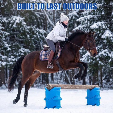 Horse jumping over 4 Pack Adjustable Jump Block Holders For Ponies, Mini Horses And Dogs Lightweight Equestrian Jump Rail Razers
