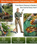 Effortless Wheeled Dethatcher Rake For Lawns With 15 Inch Head And 35 To 67 Inch Adjustable Stainless Steel Handle Heavy Duty Thatching Garden Rake For Cleaning Dead Grass And Loosening Soil In Yard Care, shown in use for removing debris and grass.
