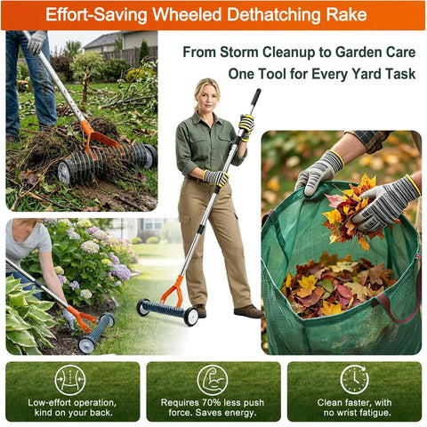 Effortless Wheeled Dethatcher Rake For Lawns With 15 Inch Head And 35 To 67 Inch Adjustable Stainless Steel Handle Heavy Duty Thatching Garden Rake For Cleaning Dead Grass And Loosening Soil In Yard Care, shown in use for removing debris and grass.
