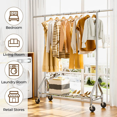 Built Like A Tank Heavy Duty Steel Rolling Clothes Rack Holds 450 Lbs With Sturdy Shelves For Hanging Jeans Coats Dresses Portable Wardrobe With Quiet Casters Easy To Move Around Your Room Silver Finish Garage Ready