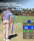 Golfer using AI Powered Golf GPS Speaker With Touchscreen Yardages, Hazards And Music featuring adjusted yardages display