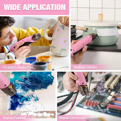 Person using Dual Temperature 400W Mini Heat Gun With Reflector Nozzle 250C/450C for crafts and sticker removal