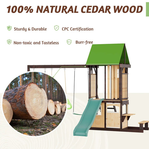 Natural Cedar Wood Backyard Swing Set With Wave Slide, Kid-Friendly Clubhouse Playhouse, trees and green roof