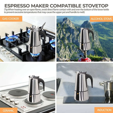 Stainless Steel 12 Cup Moka Pot Espresso Maker For Stovetop Brews Like A Boss Italian Classic Style Cafetera Coffee Pot 600ml Portable For Camping Travel And Home Use on four different stovetops.