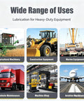 Wide range of uses for lubrication in heavy-duty equipment: agricultural, construction, marine, vehicle maintenance, machine shop, and aviation.