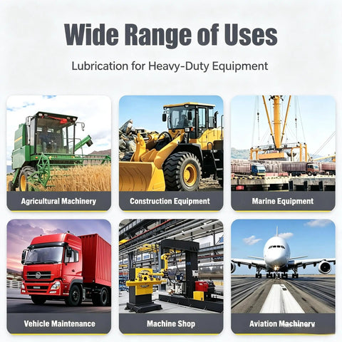 Wide range of uses for lubrication in heavy-duty equipment: agricultural, construction, marine, vehicle maintenance, machine shop, and aviation.