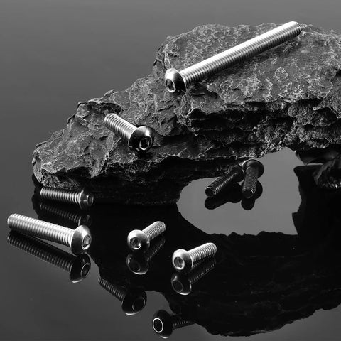 Built Tough 304 Stainless Steel Button Head Socket Cap Bolts 3/8 Inch X 5/8 20 Pack displayed on black rock surface.