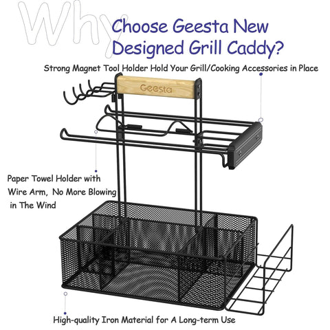 Grill Caddy For Outdoor Grill And BBQ Magnetic Tool Holder With Paper Towel Arm Condiment And Utensil Storage Organizer