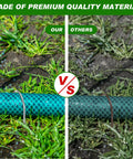 Comparison of garden hose secured with 100 Pack Drip Irrigation Tubing Stakes Six Inch Garden Pins Landscape Staples Securing Pegs Galvanized U Pegs For Hose Chicken Wire Weed Barrier Fabric And Dog Fence Go To Must Have For Any Lawn versus standard stakes, on grass.