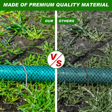 Comparison of garden hose secured with 100 Pack Drip Irrigation Tubing Stakes Six Inch Garden Pins Landscape Staples Securing Pegs Galvanized U Pegs For Hose Chicken Wire Weed Barrier Fabric And Dog Fence Go To Must Have For Any Lawn versus standard stakes, on grass.