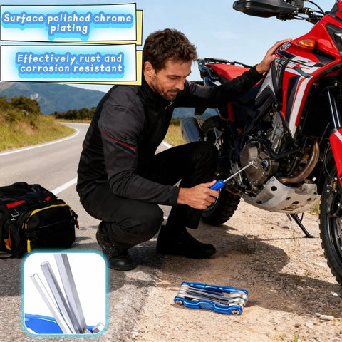 Man using 8-In-1 Folding Hex Key Set With Carabiner, CR-V Steel Metric Allen Wrenches 1.5-6mm on motorcycle roadside