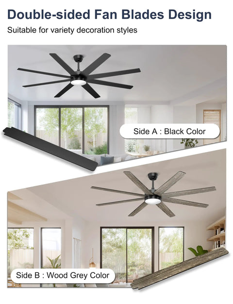 Double-sided fan blades design of Big 72 Inch Ceiling Fan With Lights Remote Or App Control Dimmable LED Lighting Quiet DC Motor