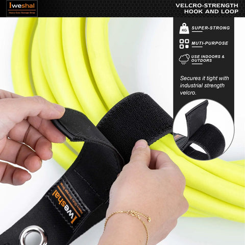 Hands securing a yellow cable with 17 inch hook and loop fasteners. E Track Cord Organizer Straps 4 Pack Heavy Duty Storage.