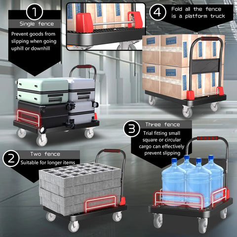 Heavy Duty Flatbed Cart With Wheel Brakes And Foldable Platform Truck with three fence options for secure loading.
