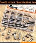 60 Pieces Stainless Steel Dowel Pin Kit With 12 Sizes M6 M8 M10 304 Grade Pins for shelf supports, shown in transparent box.