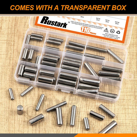 60 Pieces Stainless Steel Dowel Pin Kit With 12 Sizes M6 M8 M10 304 Grade Pins for shelf supports, shown in transparent box.