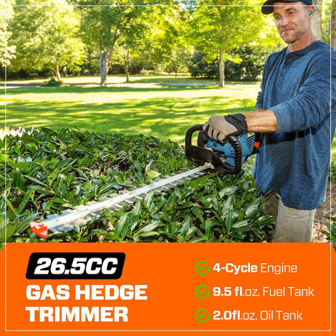 Man using gas powered hedge trimmer with 26.5cc engine, 22 inch dual action blades for clean, fast cuts on thick hedges and shrubs.