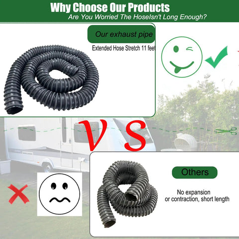 Comparison between extended 3-Inch Inner Diameter 11-Foot Heavy Duty Car Exhaust Hose With Two Clamps and a short alternative.