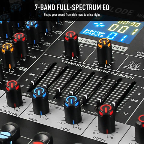 Close-up of 16 Channel Audio Mixer With Bluetooth And USB Playback 99 DSP Effects Digital Mixing Console EQ controls
