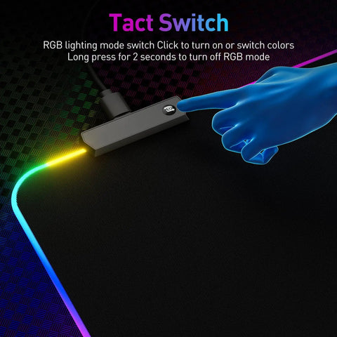Close-up of RGB Gaming Mouse Pad with LED Lights Large Size Big Mouse Mat for Pro Gamers showing light switch and 14 lighting modes
