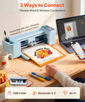 Level Up Your Side Hustle With This Slick 12 Inch Vinyl Cutting Machine, Boasting A Smooth Touchscreen, All Inclusive Supply Kit, Thousands Of Pre Made Designs, Easy Pairing With Smartphones Or Computers, Straight Up Game Changer For Custom Decals on a workspace with a printed design.