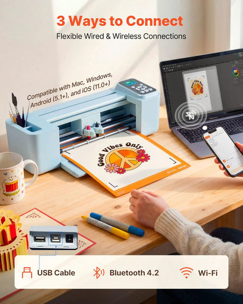 Level Up Your Side Hustle With This Slick 12 Inch Vinyl Cutting Machine, Boasting A Smooth Touchscreen, All Inclusive Supply Kit, Thousands Of Pre Made Designs, Easy Pairing With Smartphones Or Computers, Straight Up Game Changer For Custom Decals on a workspace with a printed design.