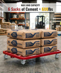 Heavy Duty Stem Casters Wheels Set Of 8 With Brakes For 3/8-16 Threaded 1.5 Inch Stems fitted under a red cart holding six sacks of cement.