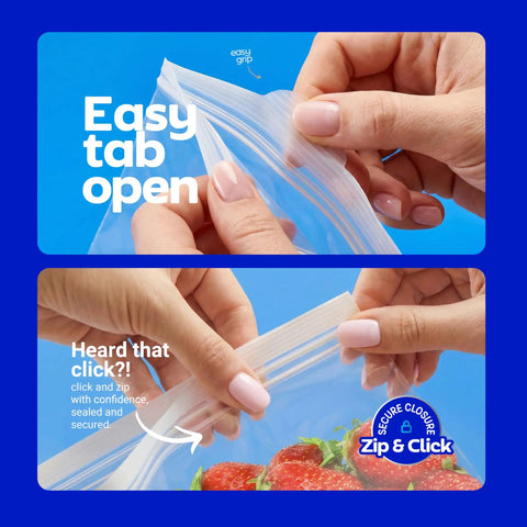 2 Gallon Storage Bags With Double Zipper Seal 60 Count Thick Resealable BPA Free Plastic Food Storage Bags close-up of seal.