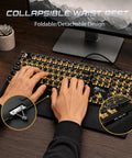 Slick Retro Typewriter Keyboard 108 Keys With Clicky Blue Switches And Yellow Backlight showcasing detachable wrist rest in use.