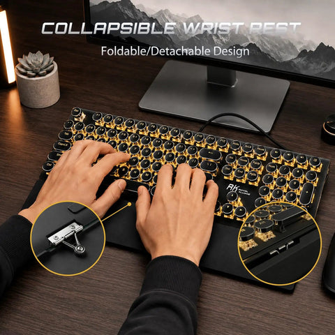 Slick Retro Typewriter Keyboard 108 Keys With Clicky Blue Switches And Yellow Backlight showcasing detachable wrist rest in use.
