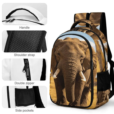 Unisex Elephant Print Backpack With Wilderness Design, showing durable zipper, breathable fabric, and plush shoulder straps