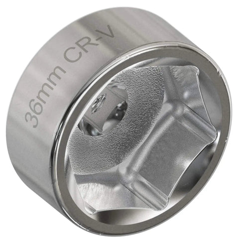 36mm CR-V steel oil filter socket, 6-point hex design for cartridge-style housings, fits Ford F250 6.0 6.4L, BMW, Mini, and more