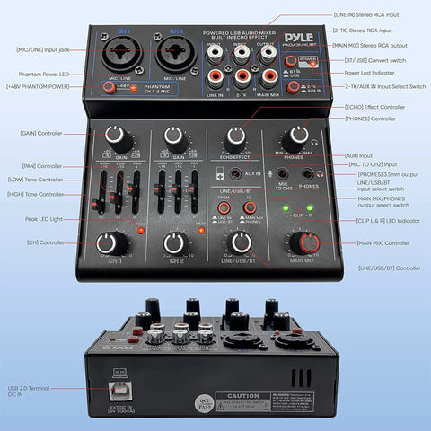 Top and rear view of a 4 Channel Wireless DJ Mixer with Bluetooth 5.x USB audio interface, combo jacks, RCA & 3.5mm outputs