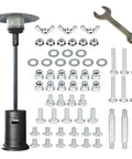 Patio Heater Reflector Shield Accessory Kit With Spacers Washers And Fasteners For Round Umbrella Gas Heaters Universal Replacement Hardware Set No Hassle Fix For Safe Stable Outdoor Heating displayed with components and a wrench.
