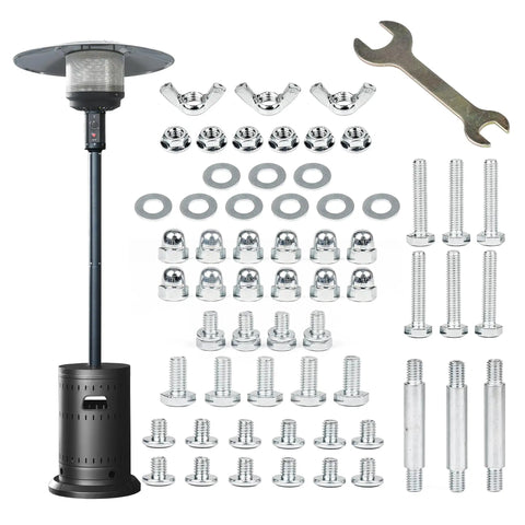 Patio Heater Reflector Shield Accessory Kit With Spacers Washers And Fasteners For Round Umbrella Gas Heaters Universal Replacement Hardware Set No Hassle Fix For Safe Stable Outdoor Heating displayed with components and a wrench.