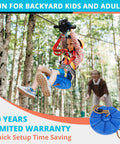 Child riding backyard zip line with Rust Proof Removable Trolley Seat, part of Backyard Zip Line Kit For Kids And Adults 100 Ft 120 Ft 150 Ft Or 200 Ft Lengths, Supports Up To 380 Lbs, Quick Tighten Tension System, Ultra Safe Easy Install.