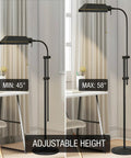 58 Inch Adjustable Standing Pharmacy Floor Lamp With Brushed Pewter Finish And Heavy Base Dope Look, Easy Pull Chain, Energy Efficient 6W LED Bulb Replacing 60W, Modern Reading Lamp For Living Room Or Office showing height adjustment from 45 to 58 inches
