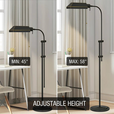 58 Inch Adjustable Standing Pharmacy Floor Lamp With Brushed Pewter Finish And Heavy Base Dope Look, Easy Pull Chain, Energy Efficient 6W LED Bulb Replacing 60W, Modern Reading Lamp For Living Room Or Office showing height adjustment from 45 to 58 inches