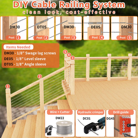 DIY cable railing system for decks with posts, sleeves, and hydraulic crimping instructions