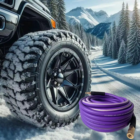 Top Shelf 3/8 X 50 Ft Air Hose Kink Resistant Hybrid Rubber Compressor Line Lightweight Pneumatic Tube next to a rugged tire in snow.