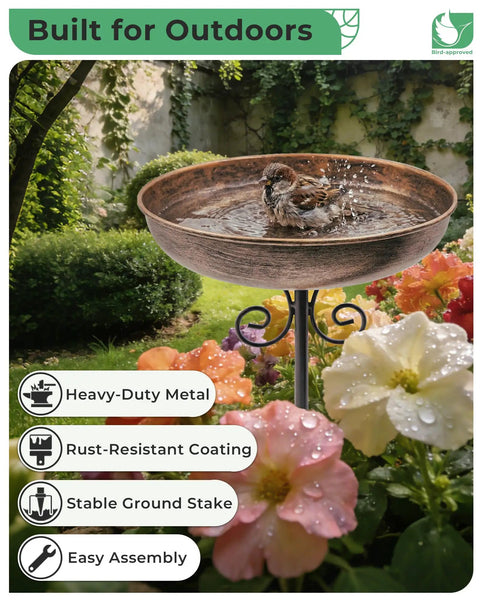 Durable Metal Bird Bath With Stake, 10 Inch Diameter Bowl, 0.4 Gallon Capacity, in a garden setting with blooming flowers.