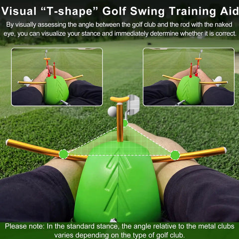 Visual guide for Golf Swing Training Ball With Wrist Hinge Trainer And Adjustable Lanyard with T-shape stance on grass.