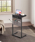 C Shaped End Table With Built In Charging Station For Small Spaces 28 Inch Tall Couch Side Table With 2 Tier Storage Pouch