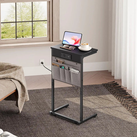 C Shaped End Table With Built In Charging Station For Small Spaces 28 Inch Tall Couch Side Table With 2 Tier Storage Pouch