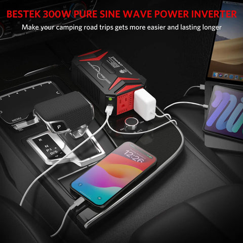 Road Trip Ready 300W Pure Sine Wave Car Power Inverter From 12V DC To 110V AC With USB C PD30W Fast Charger in car console