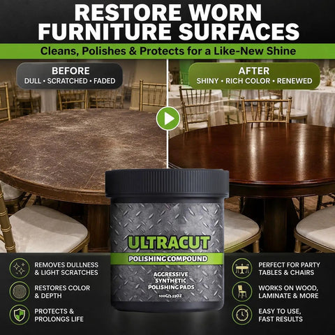 Heavy Multi Surface Scratch Remover With Applicator Pad For Wood Leather Metal Stone High Gloss Polish To Kick Up The Shine By Skipping Scuffs And Oxidation While Sealing In A Tough Layer That Keeps Your Gear Looking Fresh Daily on a polished table.