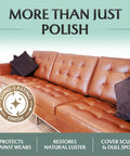 Premium Leather Furniture Salve And Deep Conditioner Set With Brush To Smooth Couches Sofas And Vinyl Get That Slick Shine Back Repair Scuffs In No Time 4oz on a brown leather sofa with a decorative pillow.