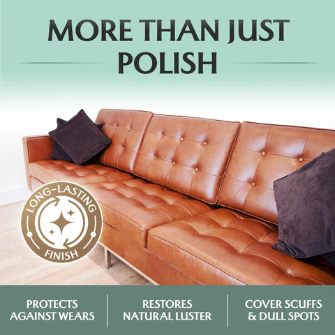 Premium Leather Furniture Salve And Deep Conditioner Set With Brush To Smooth Couches Sofas And Vinyl Get That Slick Shine Back Repair Scuffs In No Time 4oz on a brown leather sofa with a decorative pillow.