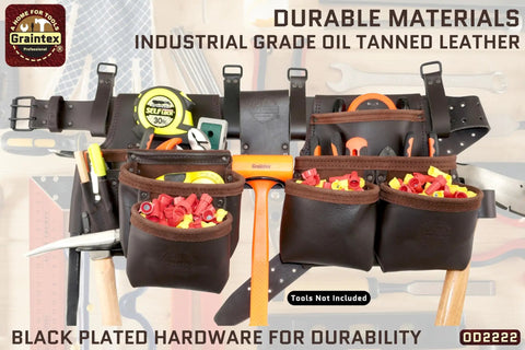 13 Pocket Framers Tool Belt Set With 4 Pc Leather Pouch Kit, 2 Inch Heavy Duty Belt And Hammer Holder shown with tools inserted