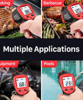 Infrared Temperature Gun For Cookin And Grillin With Adjustable Emissivity, Fast 0.5 Second Readings, Wide -58F To 1112F Range, 12 To 1 Distance To Spot, Non Contact Laser Thermometer For Oven Pizza Candy Griddle Engine And More used on steak, BBQ, engine, and pool.